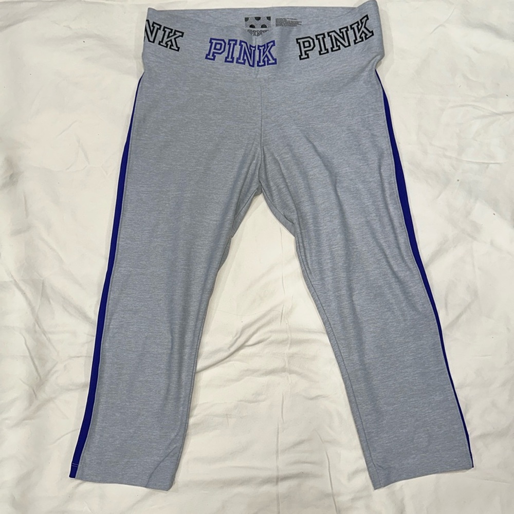 PINK Victoria's Secret Gray Capri Leggings with Blue Side Stripe